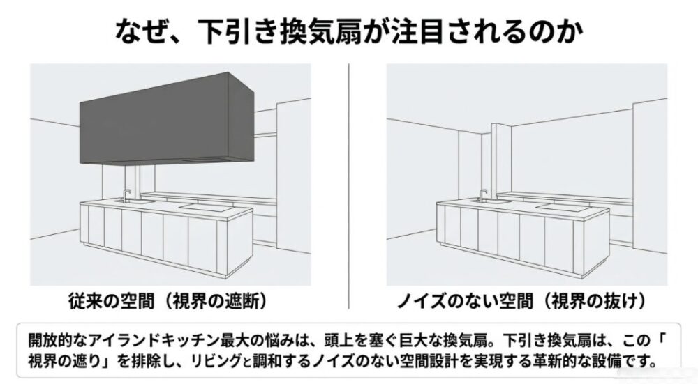 従来の巨大な換気扇が視界を遮る様子と、下引き換気扇により視界が抜ける開放的なアイランドキッチンの比較イラスト。視界の遮りを排除し、ノイズのない空間設計を実現することを説明しています