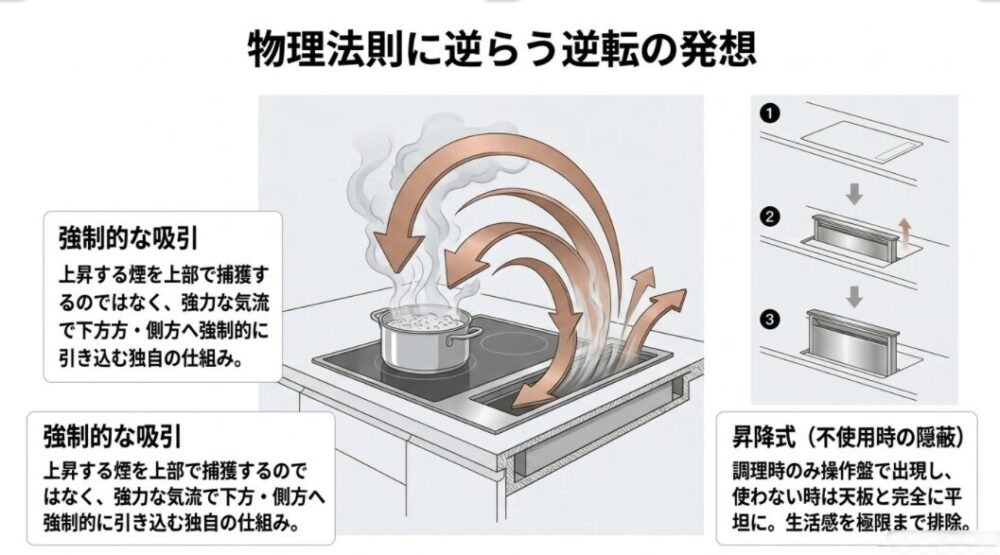 下引きレンジフードの仕組みの図解。強力な気流で煙を下方・側方へ強制的に引き込む様子や、調理時のみ出現し不使用時は天板と平坦になる昇降式の構造を解説しています。