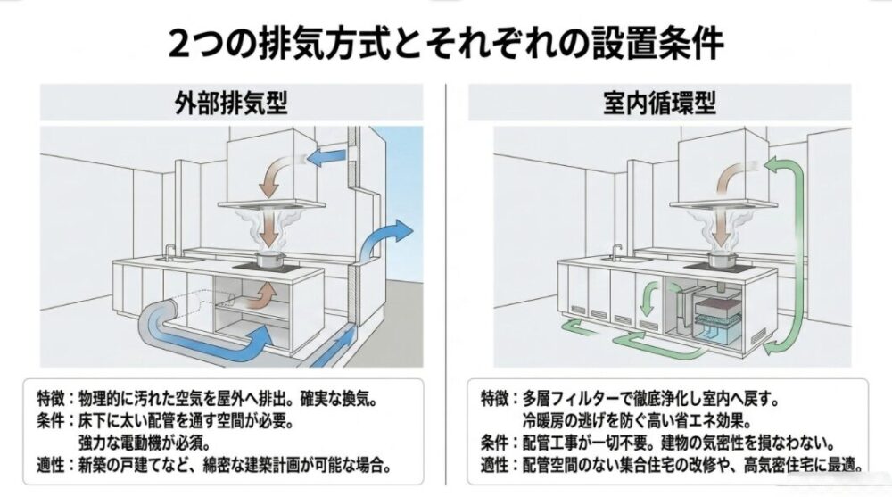 外部排気型と室内循環型の比較図解。外部排気型は床下配管を通して屋外へ排気する仕組み、室内循環型は機器内部のフィルターで浄化し室内へ戻す仕組みであることを示しています。