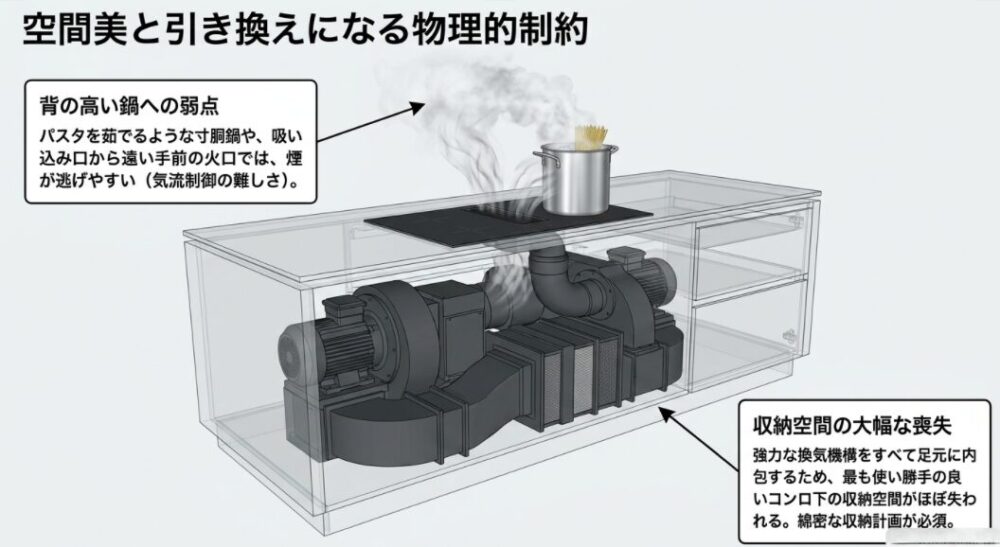 下引きレンジフードの構造による弱点を示す図解。背の高い寸胴鍋などから煙が逃げやすい気流制御の難しさと、コンロ下のキャビネットが巨大な換気機構で埋まり収納スペースが大きく失われる様子を描いています