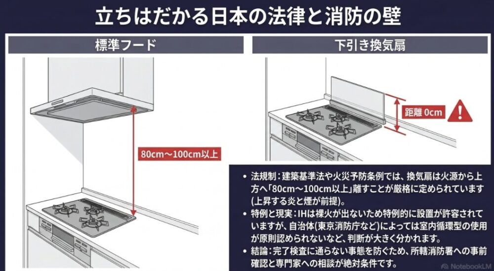 火源から換気扇までの距離に関する法規制の図解。標準フードが80cm〜100cm以上離す必要があるのに対し、下引き換気扇は距離が0cmとなり、消防法や火災予防条例上の壁があることを解説しています。
