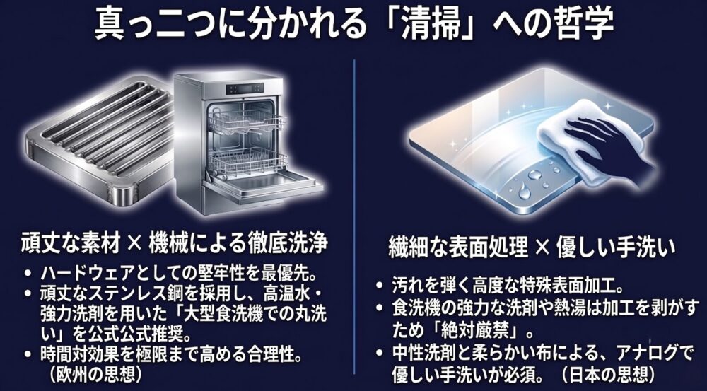 お手入れ方法の違いを示すイラスト。欧州ブランドは頑丈な素材で大型食洗機での丸洗いを推奨する一方、国内ブランドは繊細な表面処理が施されており中性洗剤と柔らかい布での手洗いが必須であることを比較しています。