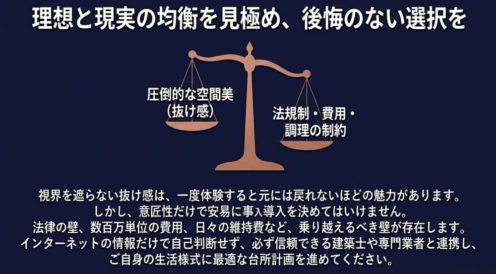 天秤のイラスト。「圧倒的な空間美(抜け感)」という理想と、「法規制・費用・調理の制約」という現実的な壁を比較し、専門家と連携して後悔のない選択をするよう促す内容が書かれています。