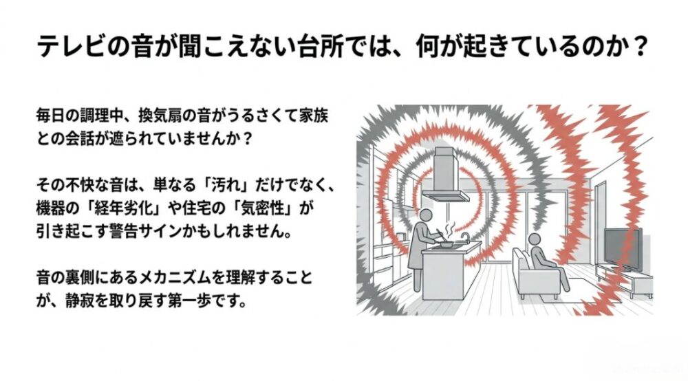 レンジフードの騒音がリビングにまで響き渡っている様子を表したイラスト。汚れや経年劣化、住宅の気密性が騒音の原因となる警告サインである旨が記載されています。