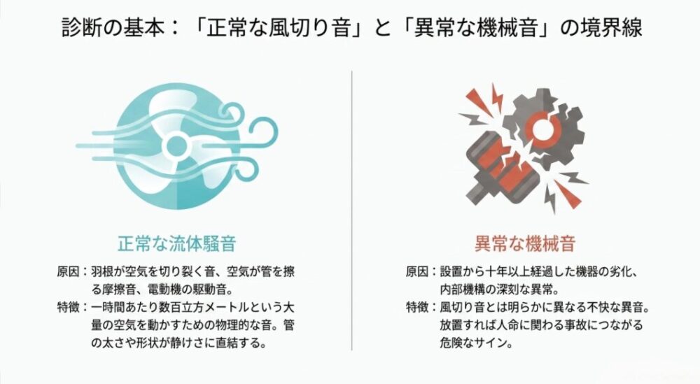 正常な風切り音を表すファンと気流のイラストと、異常な機械音を表す破損した歯車のイラスト。正常な流体騒音と、放置すると人命に関わる事故につながる異常な機械音の違いが解説されています