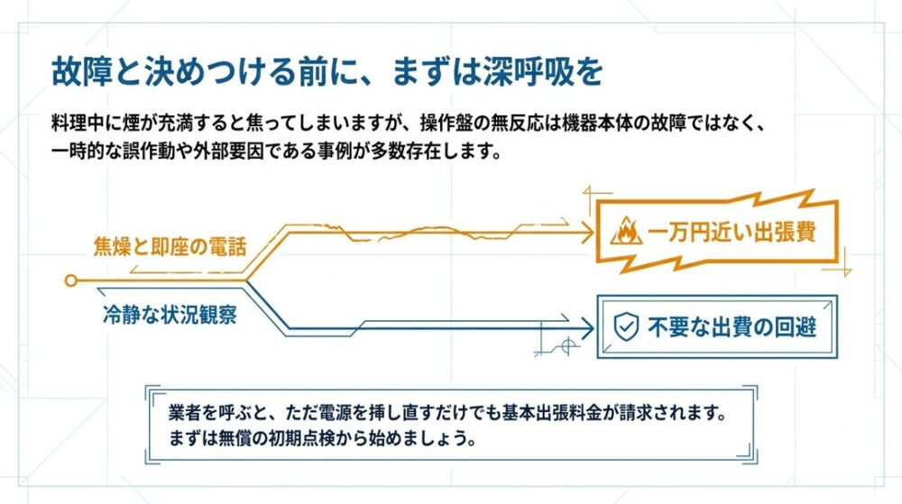焦って業者を呼び一万円近い出張費を払う前に、冷静な状況観察で不要な出費を回避することを勧める図解スライド