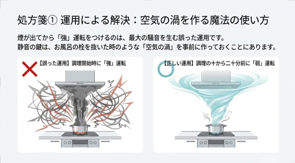 調理開始時にいきなり「強」運転にする誤った使い方と、調理の10〜20分前に「弱」運転にして空気の渦を事前に作る正しい使い方を比較したイラストです。