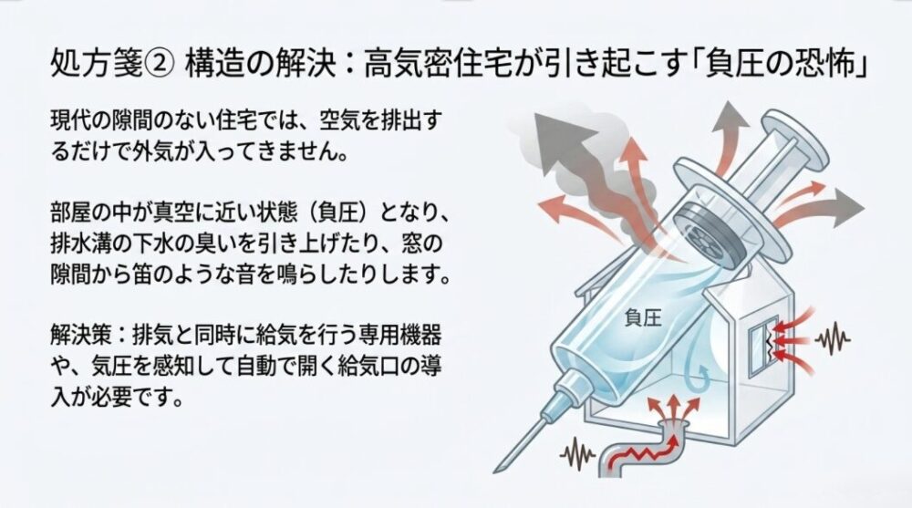 高気密住宅における換気時の空気の流れを示すイラスト。空気を排出するだけで外気が入らず室内が負圧になるメカニズムと、解決策として排気と同時に給気を行う専用機器の必要性が解説されています。