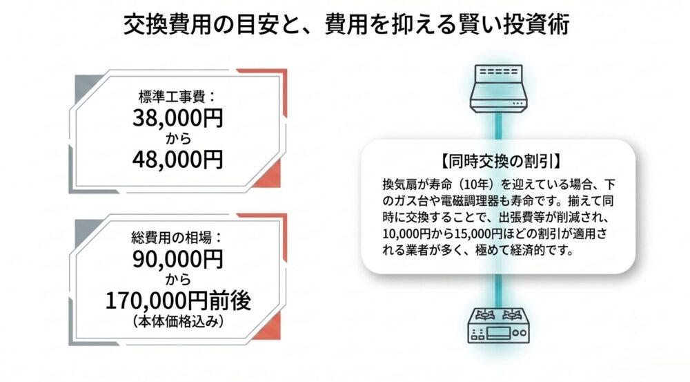 レンジフード交換にかかる標準工事費や総費用の相場と、ガス台などとの同時交換による割引のメリットについて解説したスライドです