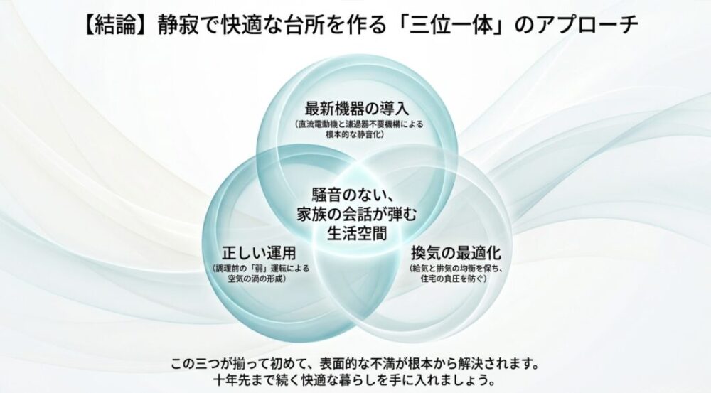 「最新機器の導入」「正しい運用」「換気の最適化」の3つの要素が揃うことで、騒音のない快適な生活空間が実現するという結論をまとめた図解です。