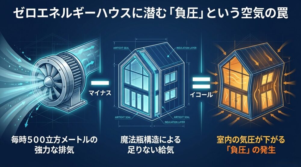 高気密住宅（ゼロエネルギーハウス）における「負圧」の発生メカニズムを図解。毎時500立方メートルの強力な排気に対して給気が足りず、室内の気圧が下がる状態を示している