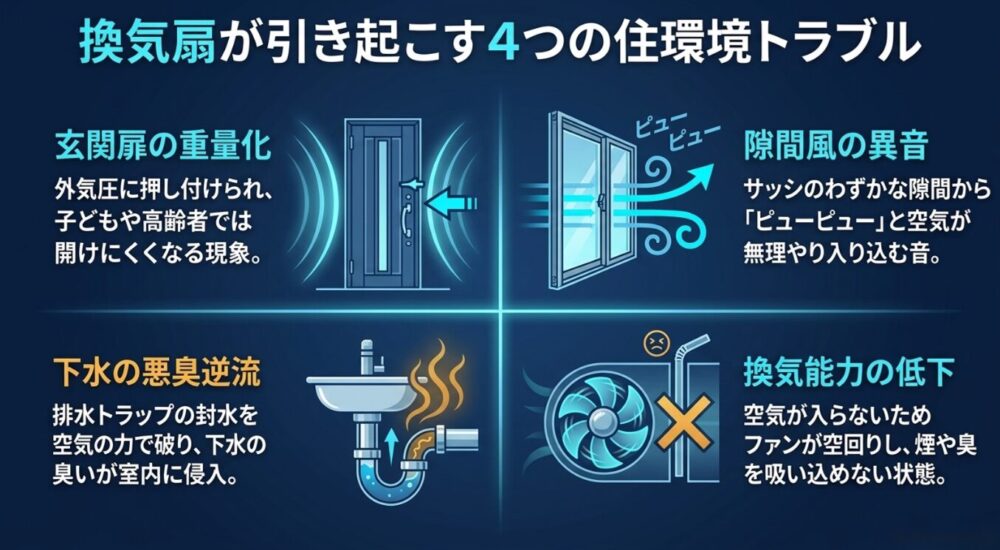 負圧によって引き起こされる4つのトラブル（玄関扉の重量化、隙間風のピューピューという異音、下水の悪臭逆流、換気能力の低下）を解説したイラスト。