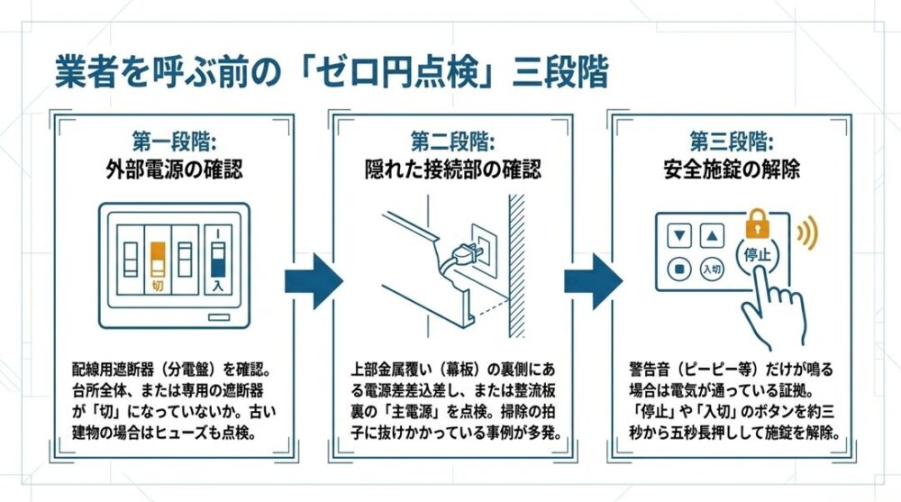 外部電源の確認、隠れた接続部の確認、安全施錠（チャイルドロック）の解除という3つの初期点検ステップを図解したスライド