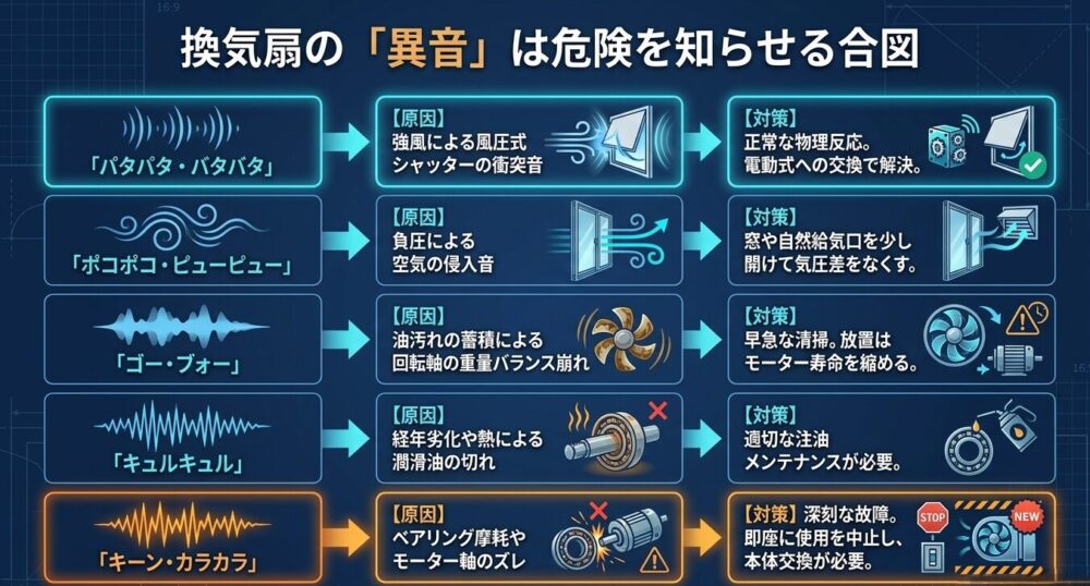 換気扇から鳴る「パタパタ・バタバタ」「ポコポコ・ピューピュー」「ゴー・ブォー」「キーン・カラカラ」といった異音の種類ごとに、その原因と対策・交換の目安をまとめた図。