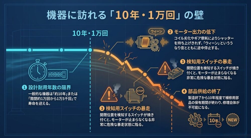 機器の設計耐用年数である10年または開閉1万回に達した際に現れる、モーター出力の低下、検知用スイッチの暴走、部品供給の終了といった症状とリスクについての解説。