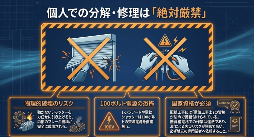 レンジフードや電動シャッターをDIYで修理・分解することの危険性。内部機構の物理的破壊リスクや漏電・火災リスクがあり、法令により電気工事士の国家資格が必須であることを警告している。