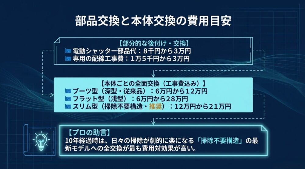 電動シャッター単体の部品代・配線工事費の相場と、ブーツ型、フラット型、スリム型（掃除不要構造）のレンジフード本体を全面交換する際にかかる工事費込みの費用目安をまとめた図。