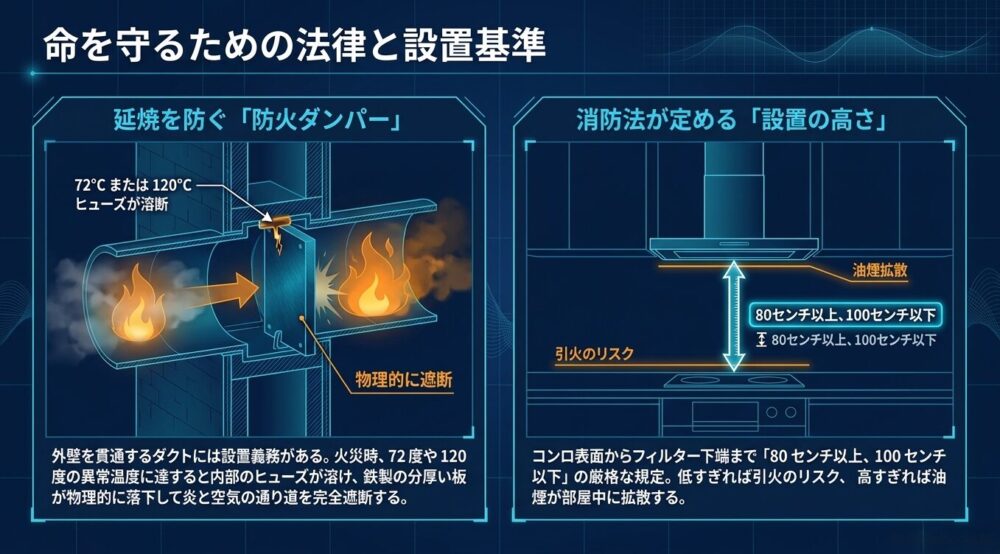 安全のために守るべき法律と設置基準。火災時の延焼を物理的に遮断する防火ダンパー（温度ヒューズ72度・120度）の仕組みと、消防法が定めるコンロ表面からフィルター下端までの設置高さ（80センチ以上、100センチ以下）の規定。