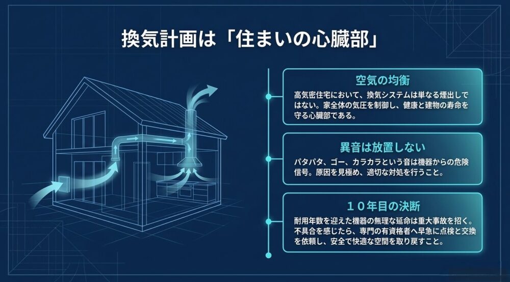 記事のまとめのスライド。換気計画は住まいの心臓部であり、異音を放置せず、10年目の耐用年数を目安に早めにプロの有資格者へ点検や交換を依頼することの重要性を記載している。