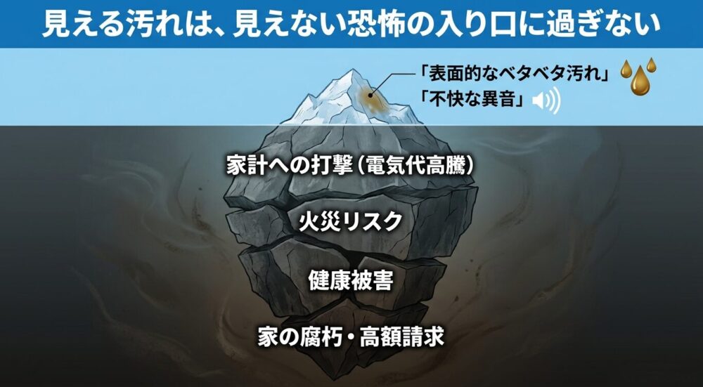 換気扇の汚れ放置が招く四つの危機(電気代高騰、火災リスク、健康被害、家の腐朽・高額請求)と、その正しい解決策についてまとめたスライドの表紙画像。