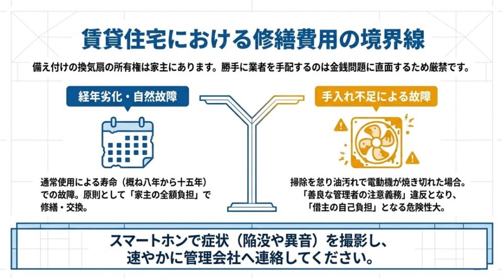 経年劣化による自然故障は家主負担、手入れ不足による故障は借主負担になる可能性があることを説明したスライド