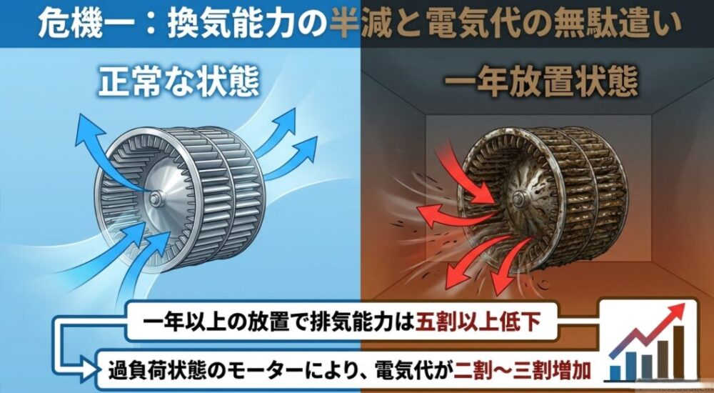 正常な状態と1年放置状態の換気扇ファンを比較し、排気能力の低下と電気代が2割〜3割増加する過負荷状態について説明した図