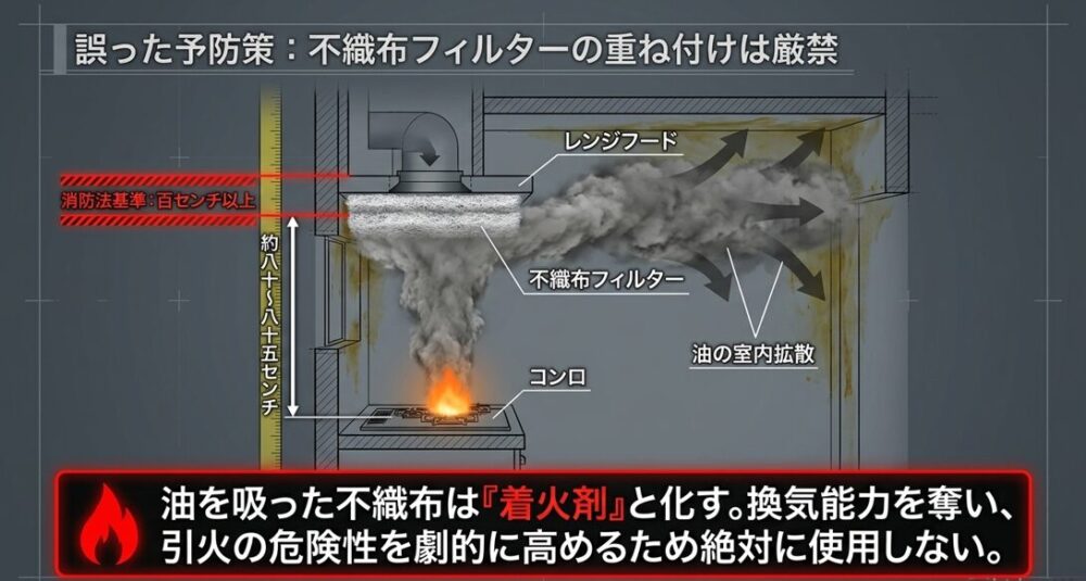 レンジフードへの不織布フィルターの重ね付けが消防法基準の距離を満たさない可能性や、着火剤として引火の危険性を劇的に高めることを解説した図