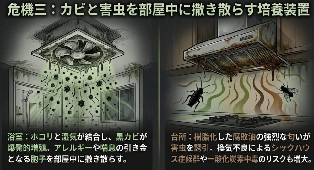 浴室換気扇から黒カビの胞子が拡散する様子と、台所換気扇の腐敗油がゴキブリやハエなどの害虫を誘引する様子を描いたイラスト。