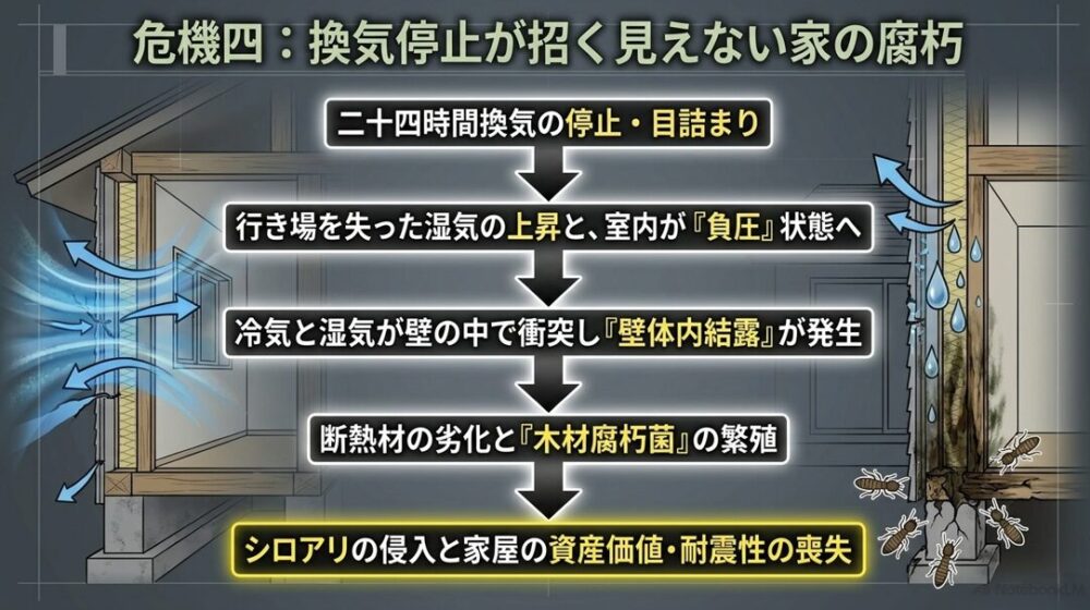24時間換気の停止によって室内が負圧になり、壁体内結露から木材腐朽菌の繁殖、シロアリの侵入に至る家の劣化プロセスを図解したもの