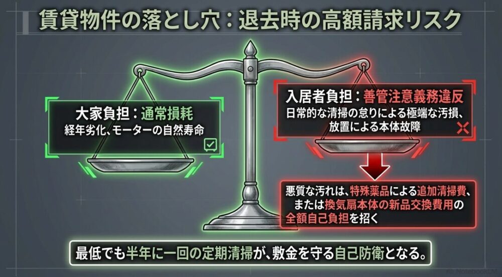 賃貸物件における換気扇トラブルについて、自然寿命(大家負担)と日常清掃の怠りによる善管注意義務違反(入居者負担)の違いを解説した図