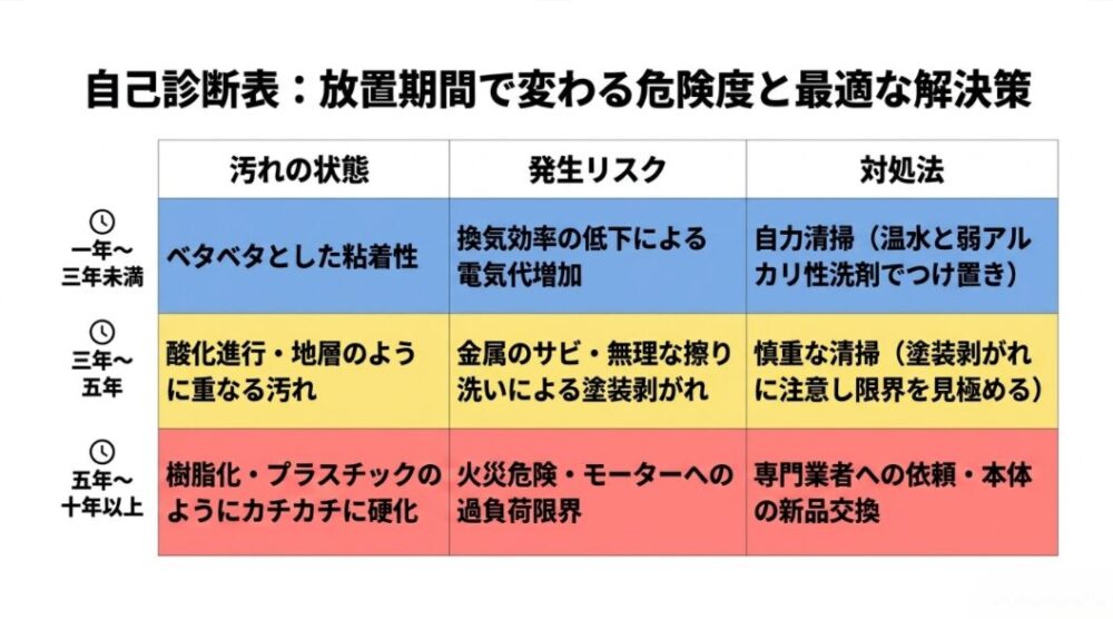 換気扇汚れの放置期間(1年〜3年未満、3年〜5年、5年〜10年以上)に応じた汚れの状態、発生リスク、および自力清掃から本体交換までの最適な対処法をまとめた表。