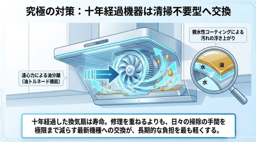 親水性コーティングによる汚れの浮き上がりや、遠心力による油分離(油トルネード機能)など、お手入れの手間を減らす最新機種の仕組みを図解した図。