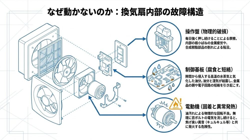 操作盤の物理的破損、制御基板の腐食と短絡、電動機の固着と異常発熱という3つの主な故障原因を図解したスライド