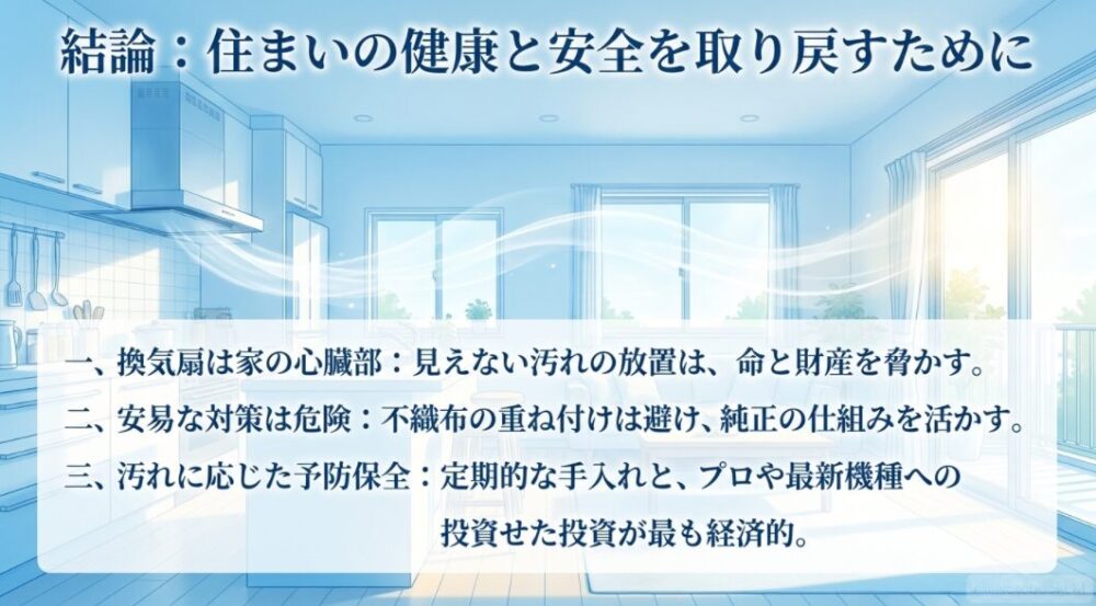 換気扇は家の心臓部であること、安易な対策の危険性、汚れに応じた予防保全の重要性など、住まいの健康と安全を守るための3つの結論をまとめたスライド。