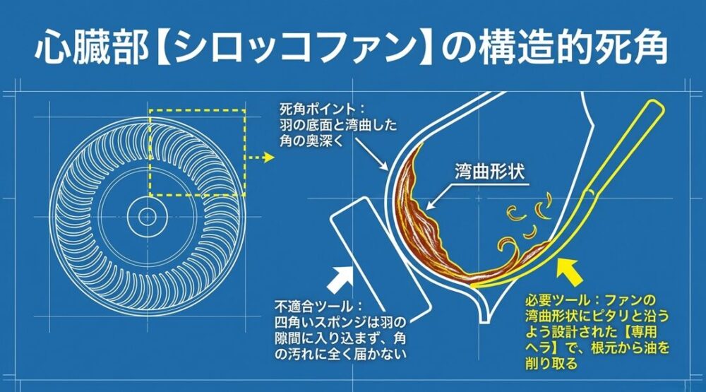 シロッコファンの湾曲した羽の構造と、四角いスポンジが届かない死角を専用ヘラで削り取る図解。