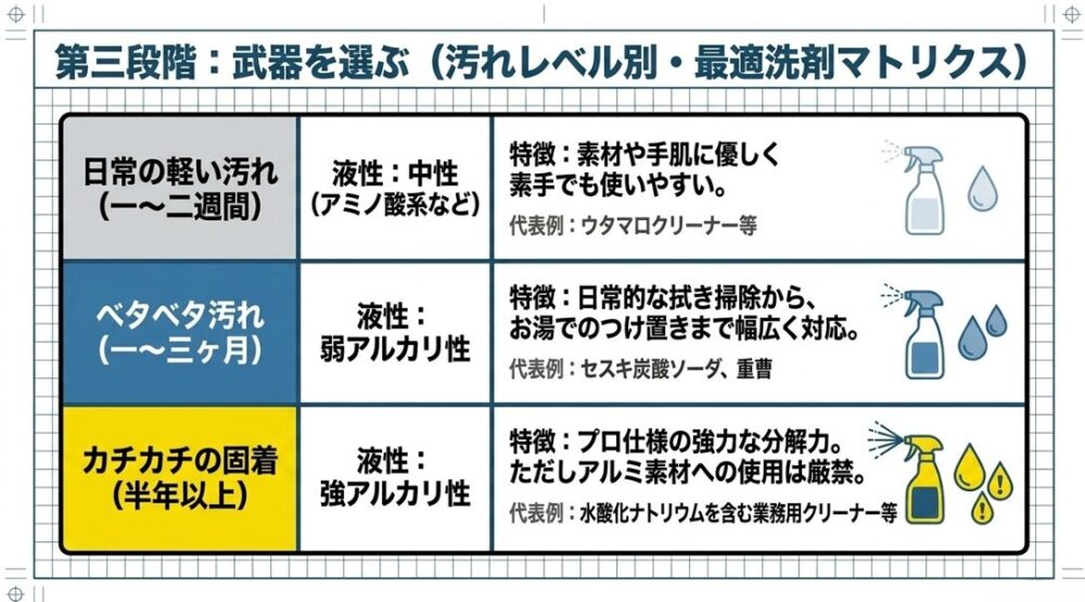 日常の軽い汚れには中性洗剤、ベタベタ汚れには弱アルカリ性、カチカチの固着には強アルカリ性を選ぶ洗剤マトリクス