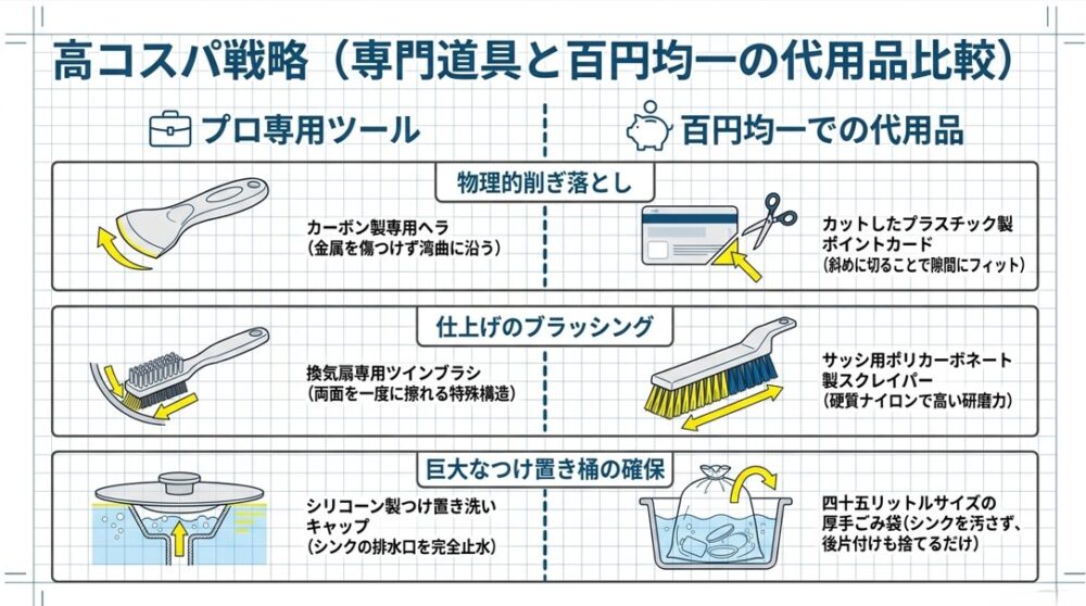 専用のヘラやブラシ、つけ置きキャップと、100円ショップで買えるポイントカードやナイロンブラシ、ごみ袋などの代用品の比較表