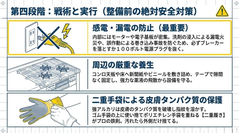 感電防止のためのプラグ抜き、コンロ周辺の新聞紙による厳重な養生、二重手袋による皮膚保護を図解した安全対策。