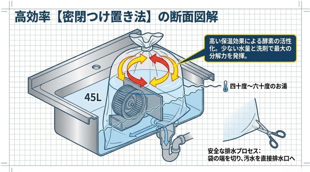 45リットルの厚手ごみ袋を使い、40度から60度のお湯で部品を密閉つけ置きする高効率な方法の図解