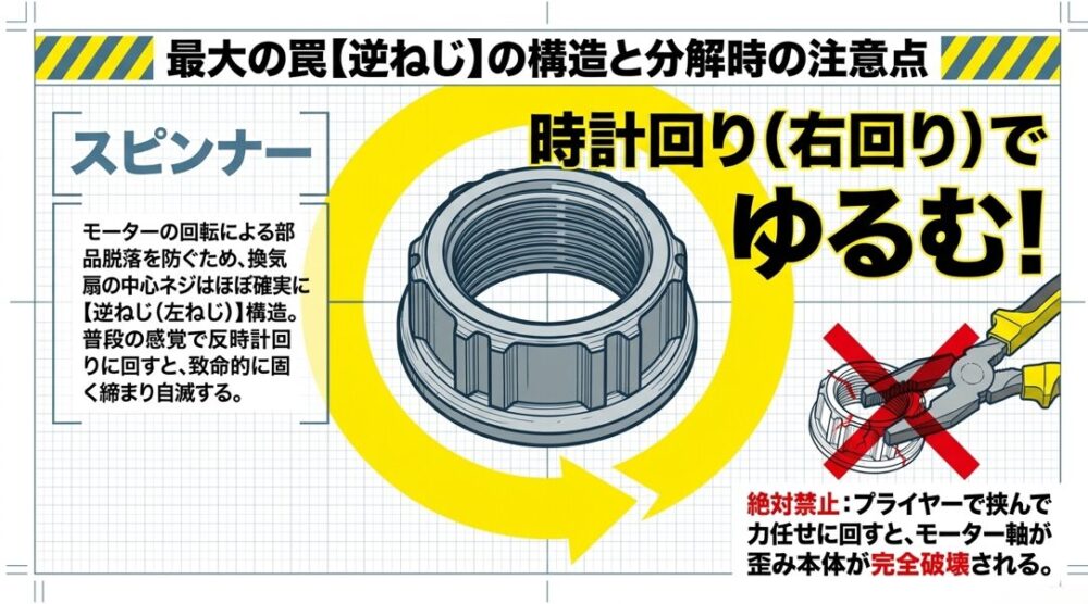 換気扇の中心ネジは時計回りで緩む逆ねじ構造であることの解説と、プライヤー等で無理に回して破壊する行為への警告。