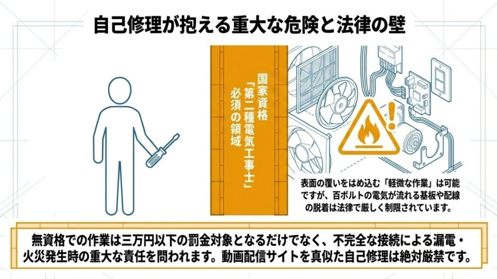 無資格での電気配線作業は「第二種電気工事士」の資格が必要であり、法律違反や火災の重大な危険があることを警告するスライド