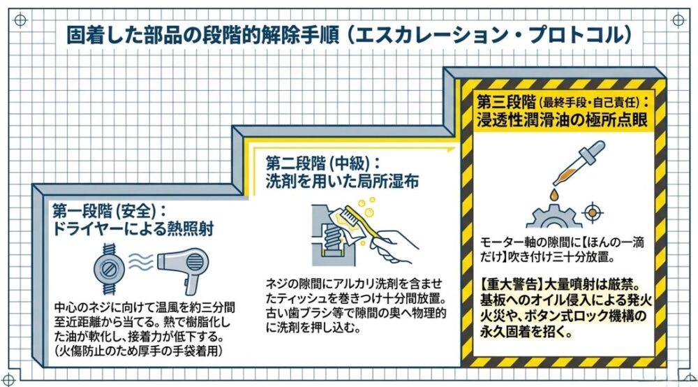 固着した部品に対し、ドライヤーの熱照射、洗剤の局所湿布、浸透性潤滑油の極所点眼という段階的なアプローチを示す図解。