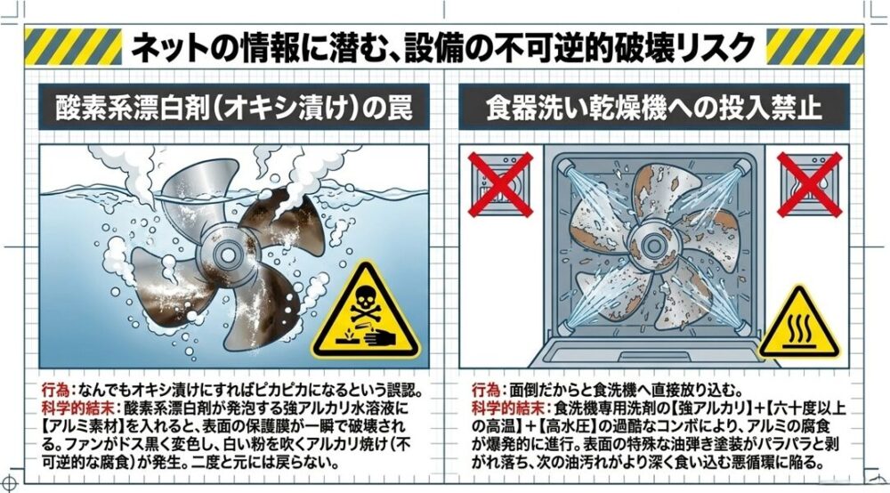 アルミ素材に対する酸素系漂白剤（オキシ漬け）や食器洗い乾燥機の使用がもたらす、不可逆的な腐食や塗装剥がれのリスク警告。