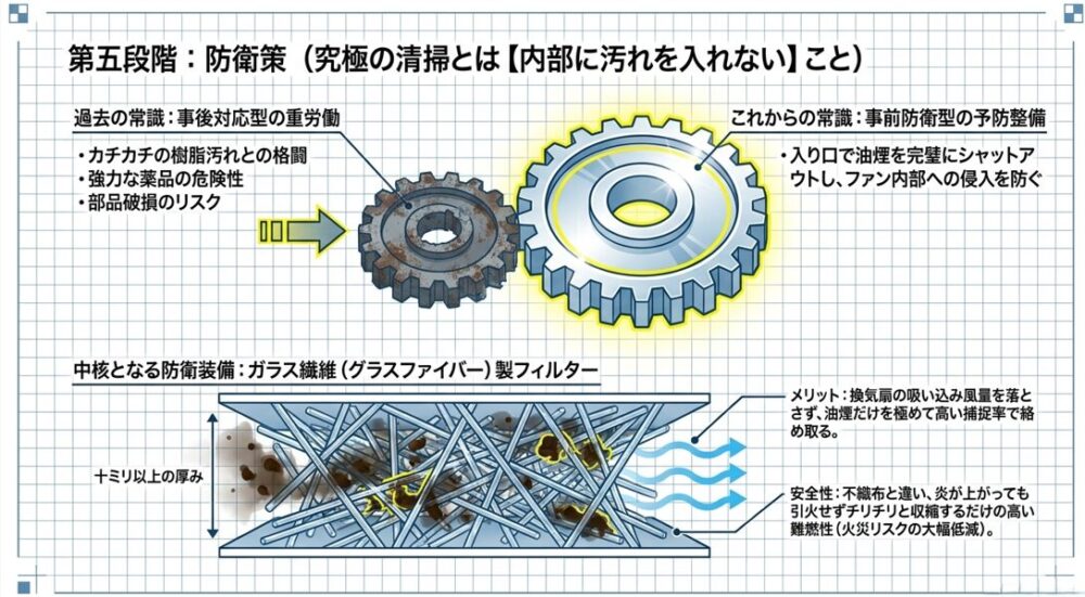 換気扇の吸い込み風量を落とさずに油煙を絡め取る、厚みのあるガラス繊維製フィルターの構造図解。