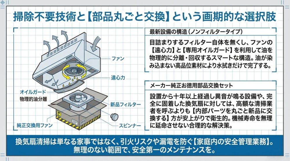 遠心力で油を物理的に分離するノンフィルタータイプの構造と、純正交換用ファンなどの部品丸ごと交換の提案。