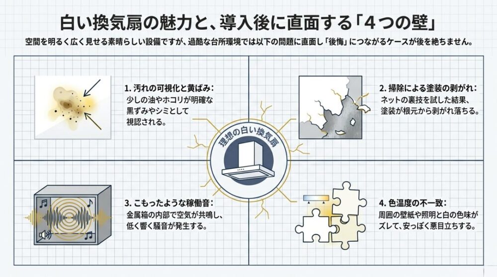 「汚れの可視化と黄ばみ」「掃除による塗装の剥がれ」「こもったような稼働音」「色温度の不一致」という4つの課題をまとめた図解。
