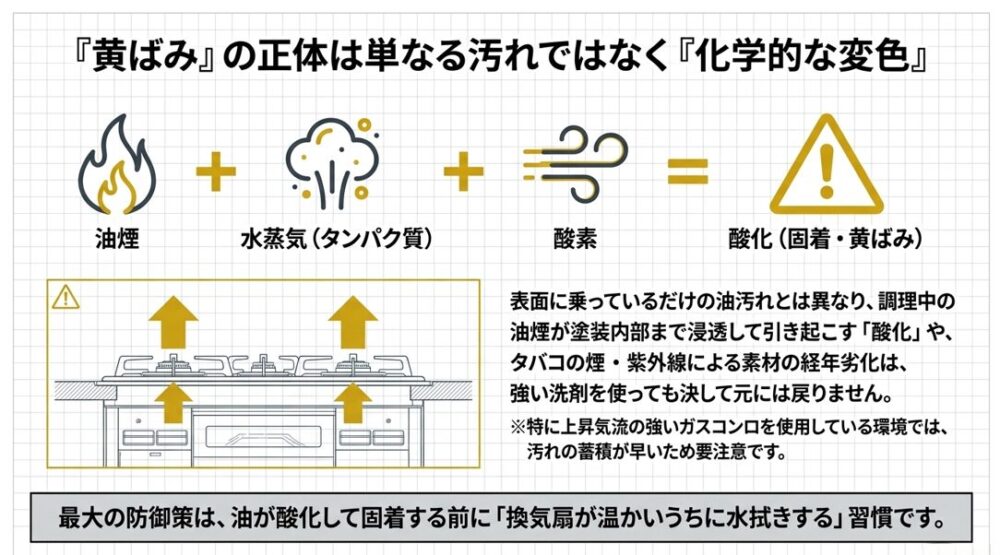 油煙と水蒸気が酸素と結びついて酸化し、換気扇表面に固着して黄ばみとなるメカニズムを説明した図解。