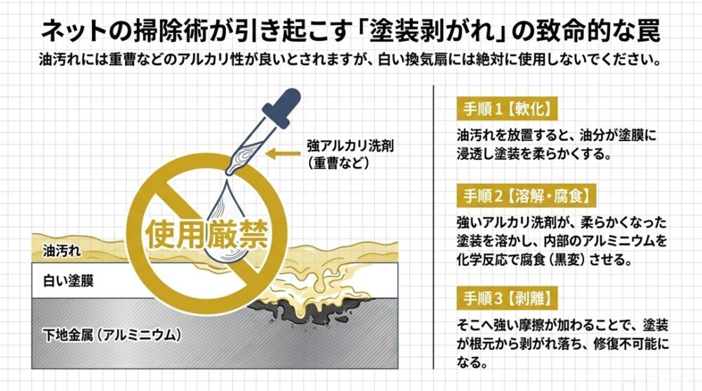 強いアルカリ洗剤が塗膜を溶かし、内部のアルミニウムを腐食させることで塗装が剥がれる過程を示す図解。