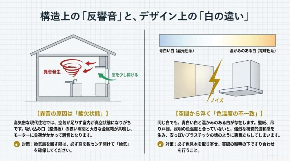 室内が真空状態になりがちな高気密住宅での異音発生の仕組みと、青白い白と温かみのある白の違いによる視覚的違和感を比較した図解。