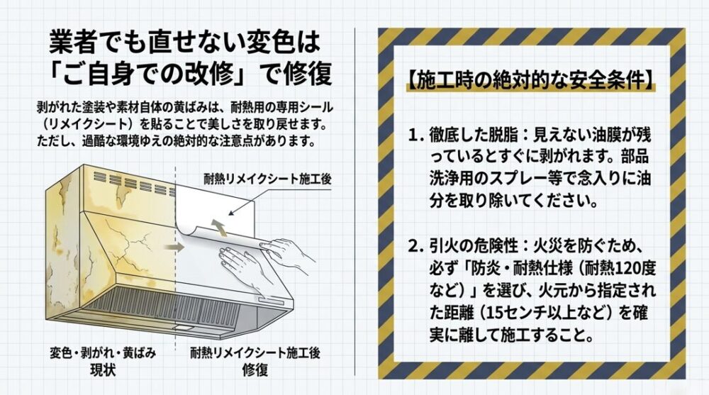 黄ばんだレンジフードに耐熱用の専用シールを貼る修復方法と、徹底した脱脂や防炎・耐熱仕様の選択といった施工時の安全条件をまとめた図解。